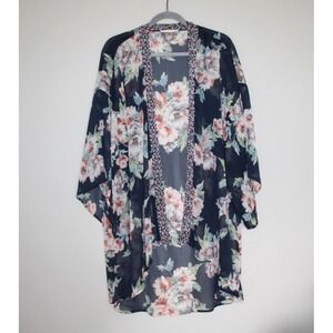 Band Of Gypsies Navy Floral Chiffon Kimono Cardigan Duster M/L Boho Sheer